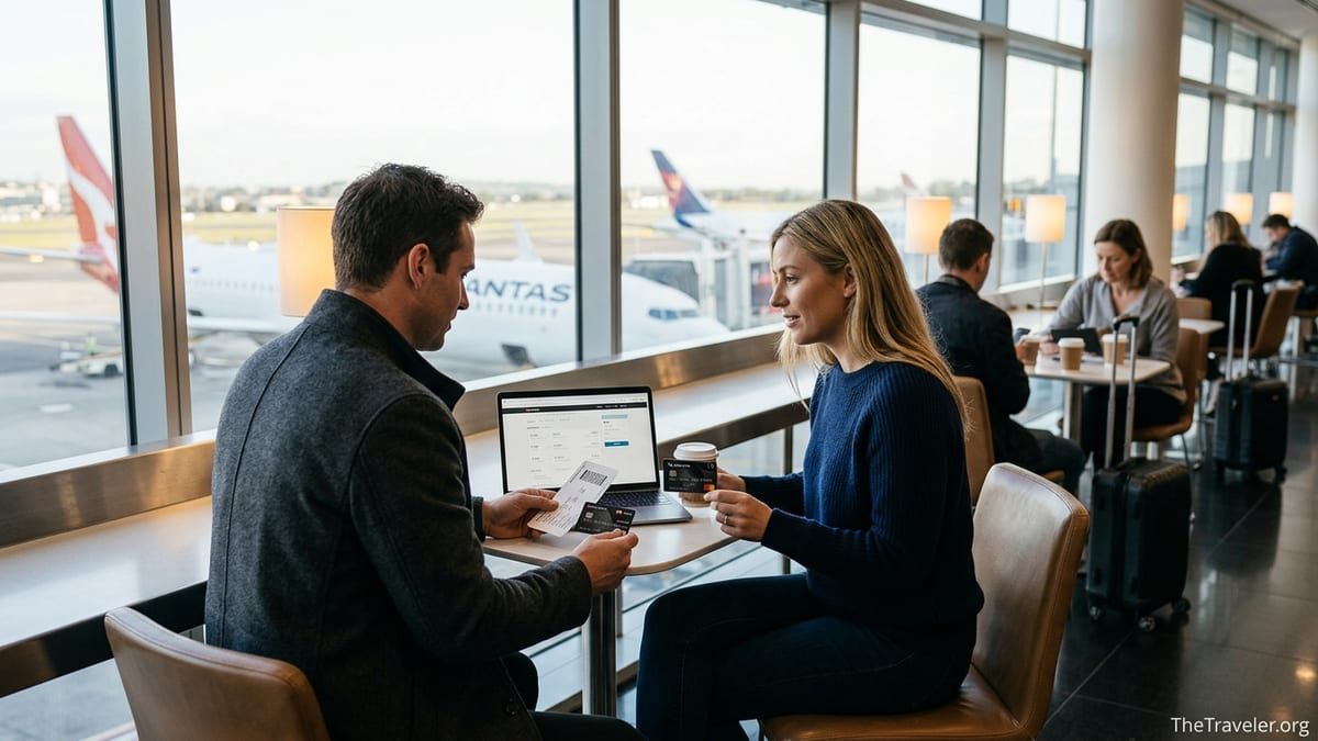 Two travellers in a Sydney airport lounge comparing black credit cards before a flight.
