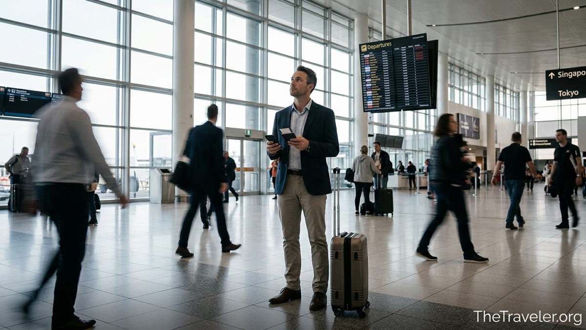 Traveller in an Australian airport terminal weighing premium credit card travel choices.