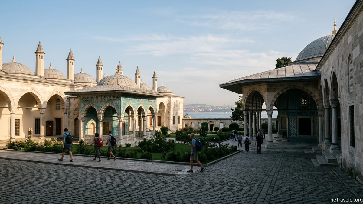 Early morning visitors walking through a courtyard of Topkapı Palace with Bosphorus views in the distance.
