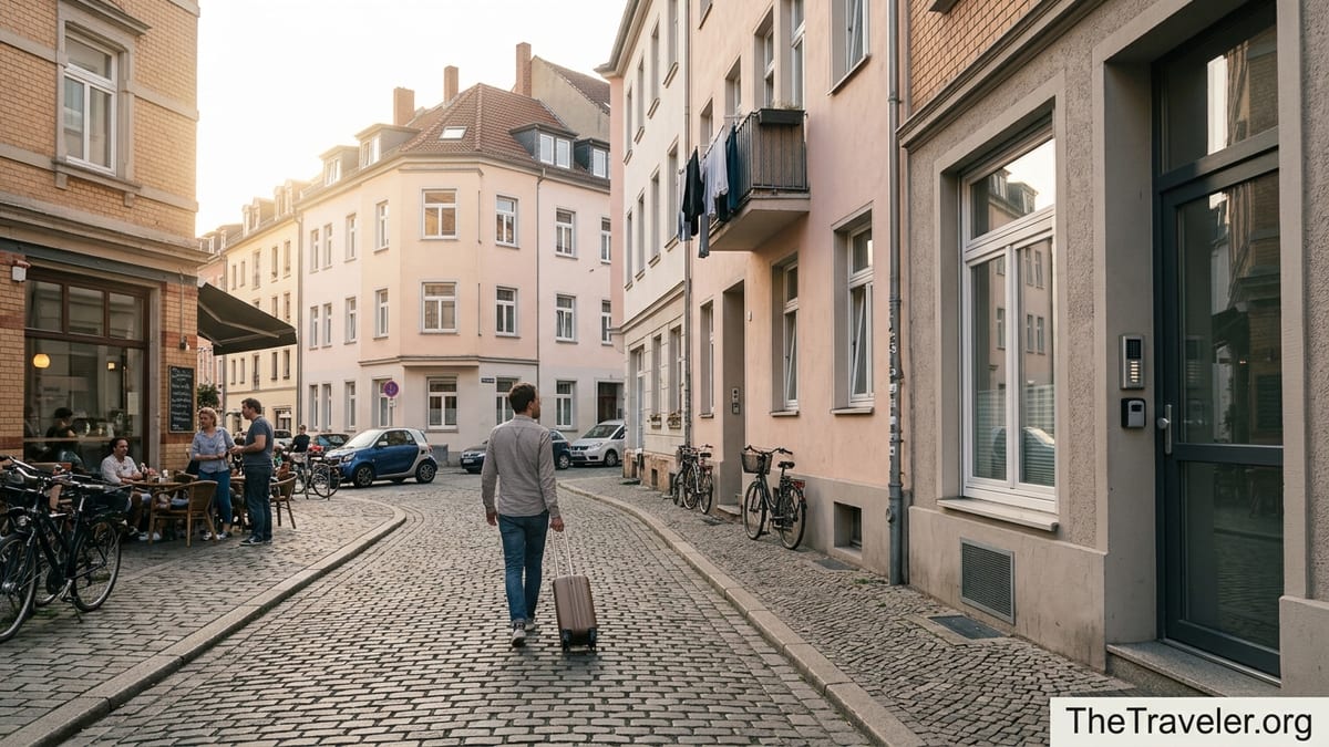 Traveler with suitcase walking past apartment style rentals in a European neighborhood at sunset.