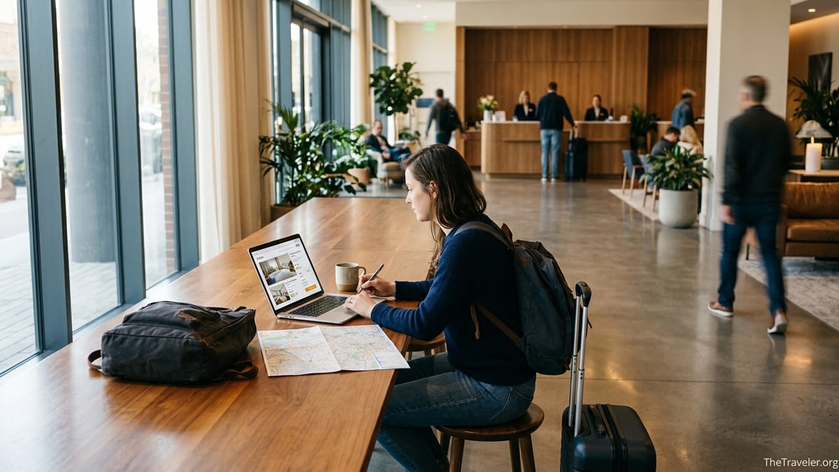 Traveler booking a hotel online in a bright modern hotel lobby.