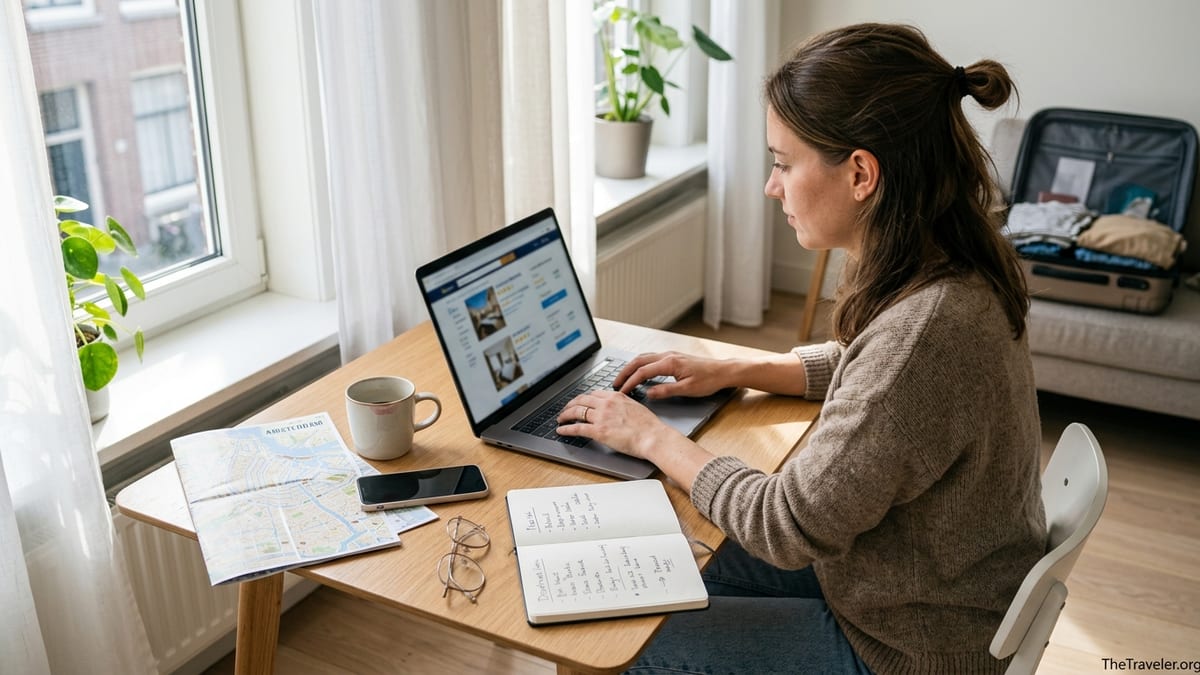 Traveler planning a trip on a laptop with reviews and maps spread out on a table.