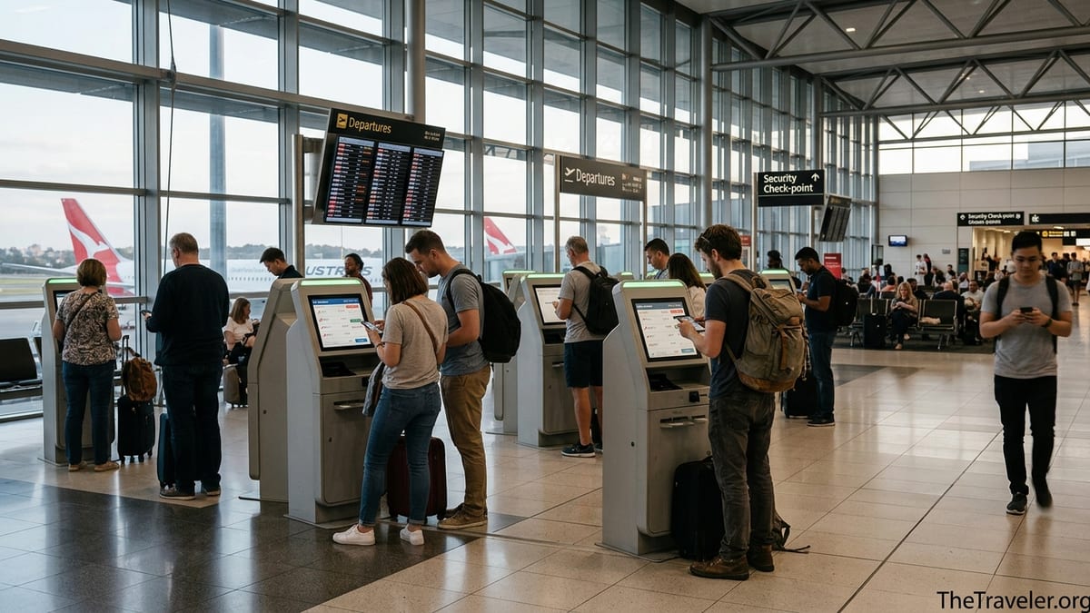 Travelers in an Australian airport comparing flight deals on phones near check-in kiosks.