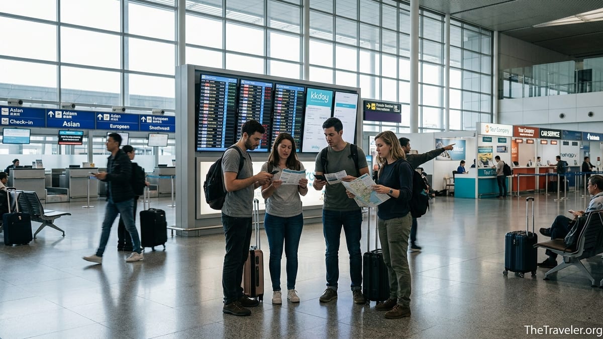 Travelers in an airport checking KKday bookings on phones in front of a departure board.