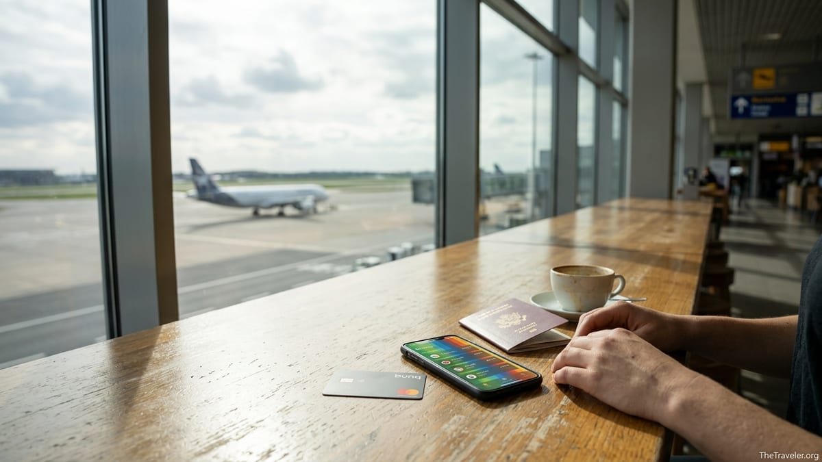 Traveler using bunq banking app with card and passport at an airport cafe table.
