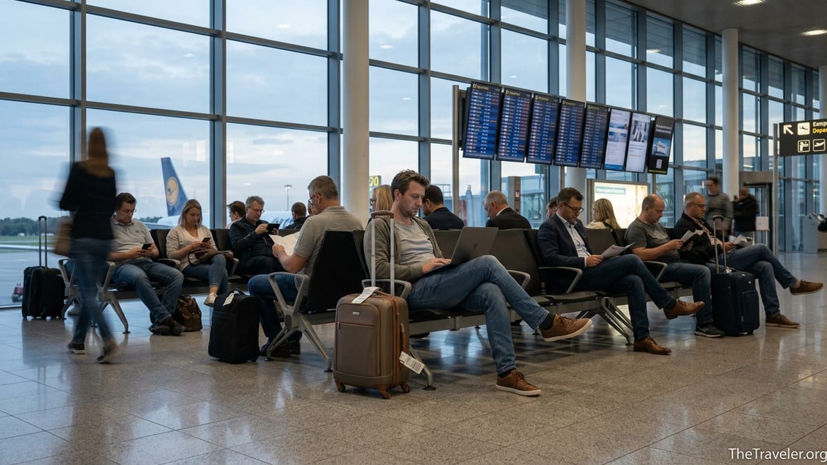 Delayed passengers at a European airport terminal checking compensation claims on a laptop.