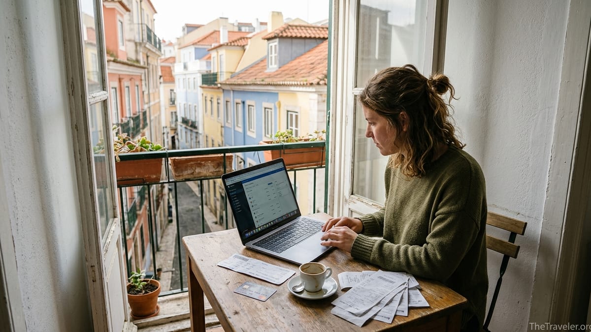 Digital nomad in a Lisbon apartment checking an online payment balance on a laptop.