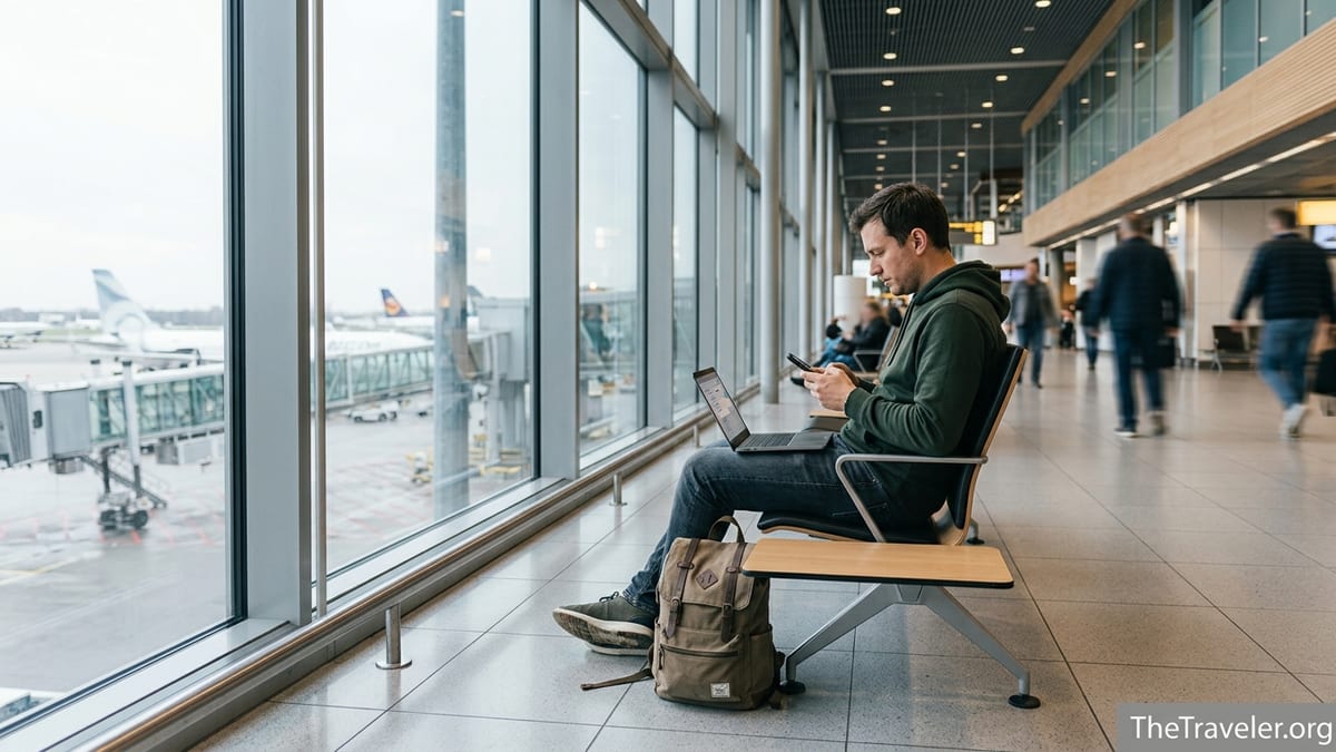 Traveler in an airport using a phone eSIM app before an international flight
