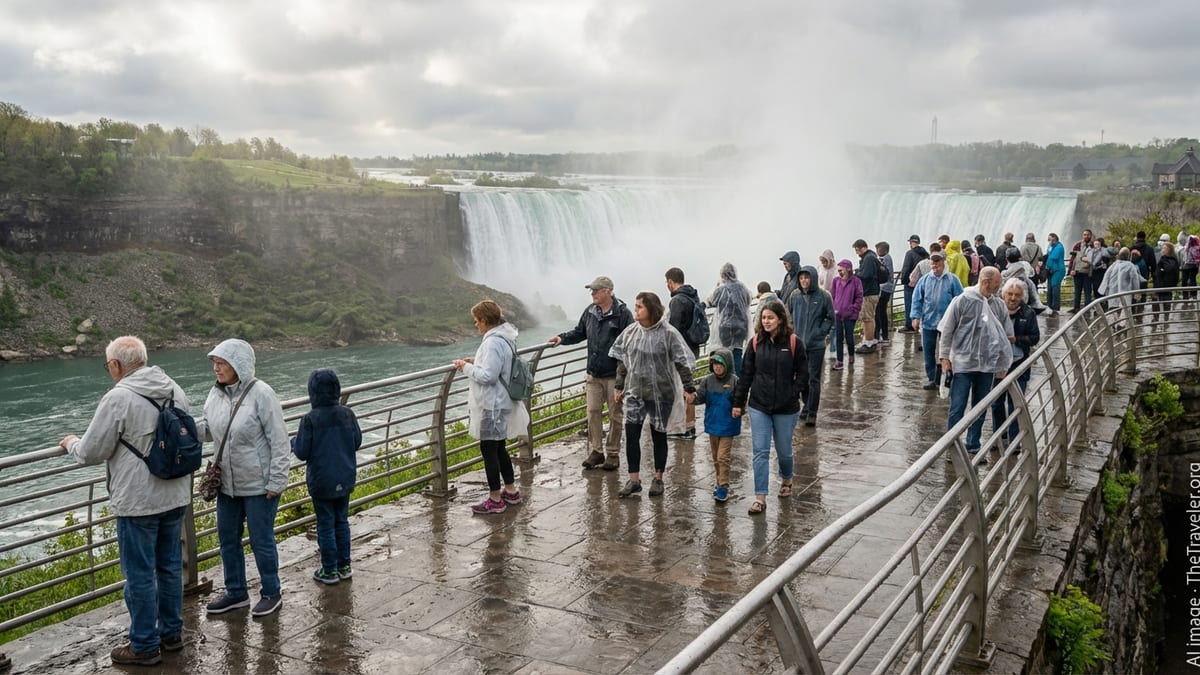 Visitors in ponchos walking a wet path beside Niagara Falls on a misty day.