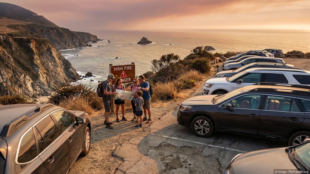 Tourists at a California coastal overlook parking area with fire danger sign and luggage visible in parked cars.