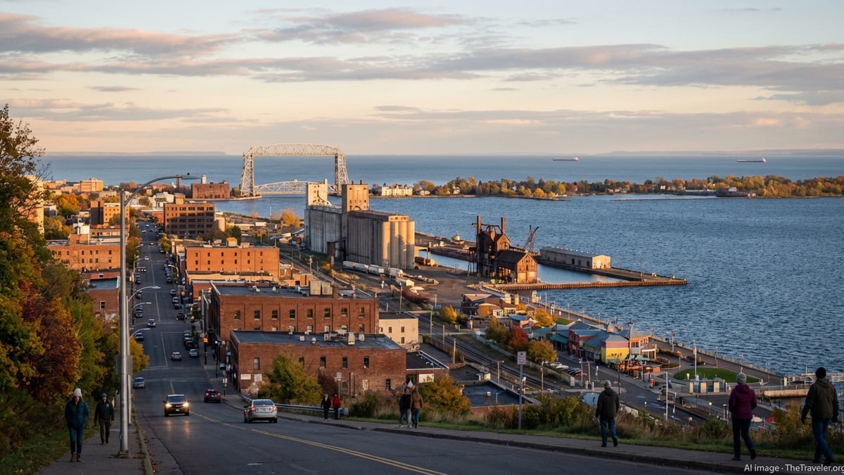 Hillside view over Duluth, Minnesota toward Lake Superior and the harbor at sunset.