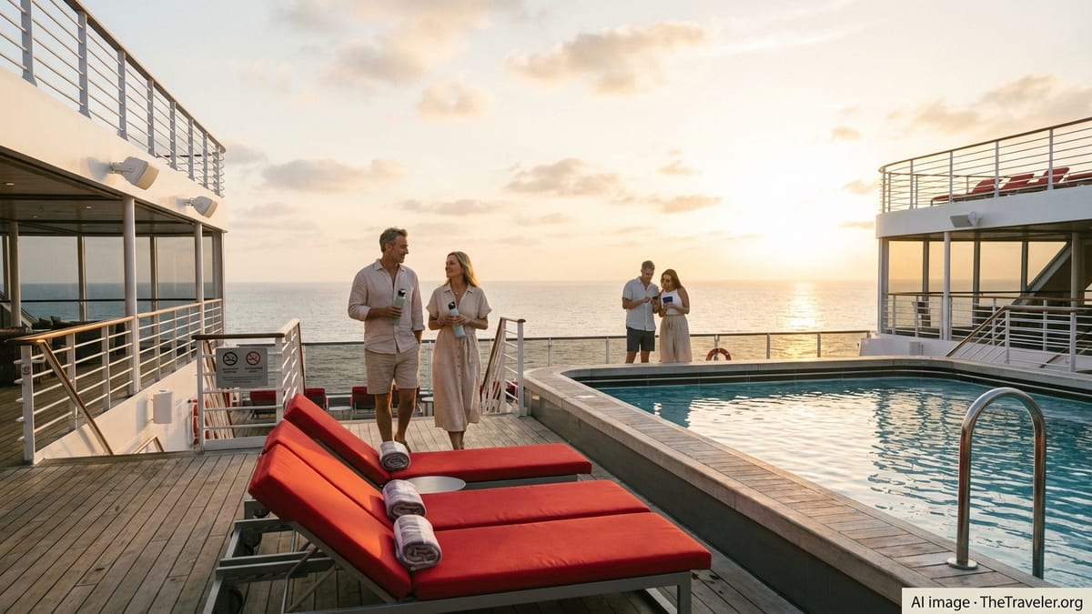 Adults relaxing on the open deck of a Virgin Voyages cruise ship at sunset.