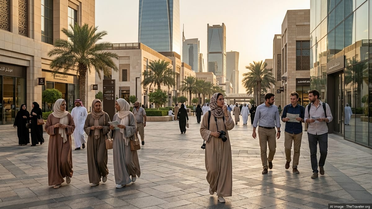 Travelers in modest clothing walking through a modern plaza in Riyadh at golden hour.
