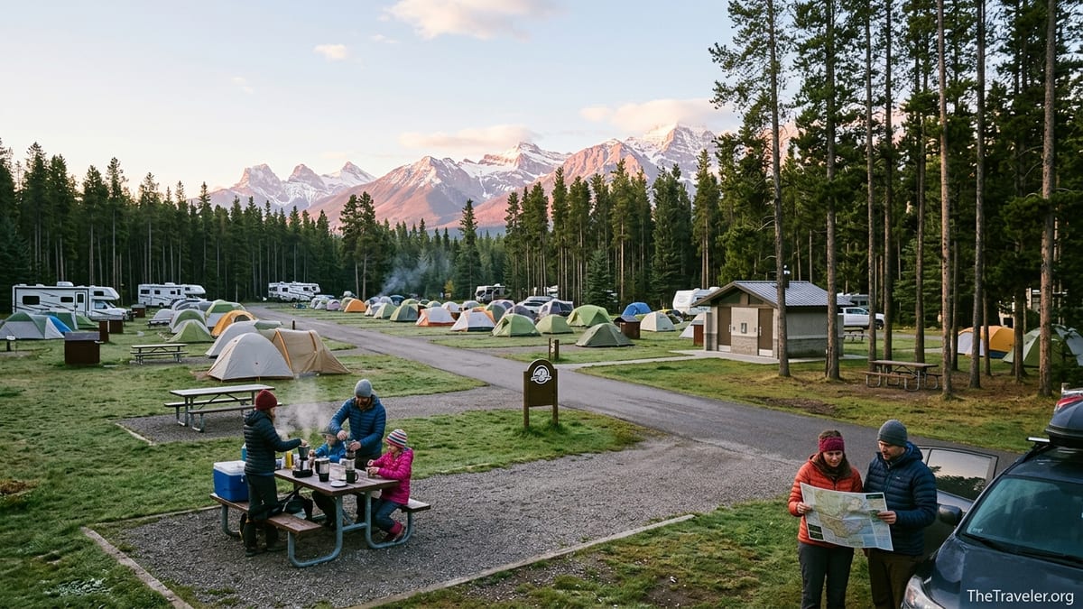 Sunrise over a Parks Canada campground in Banff with tents, RVs and distant mountains.