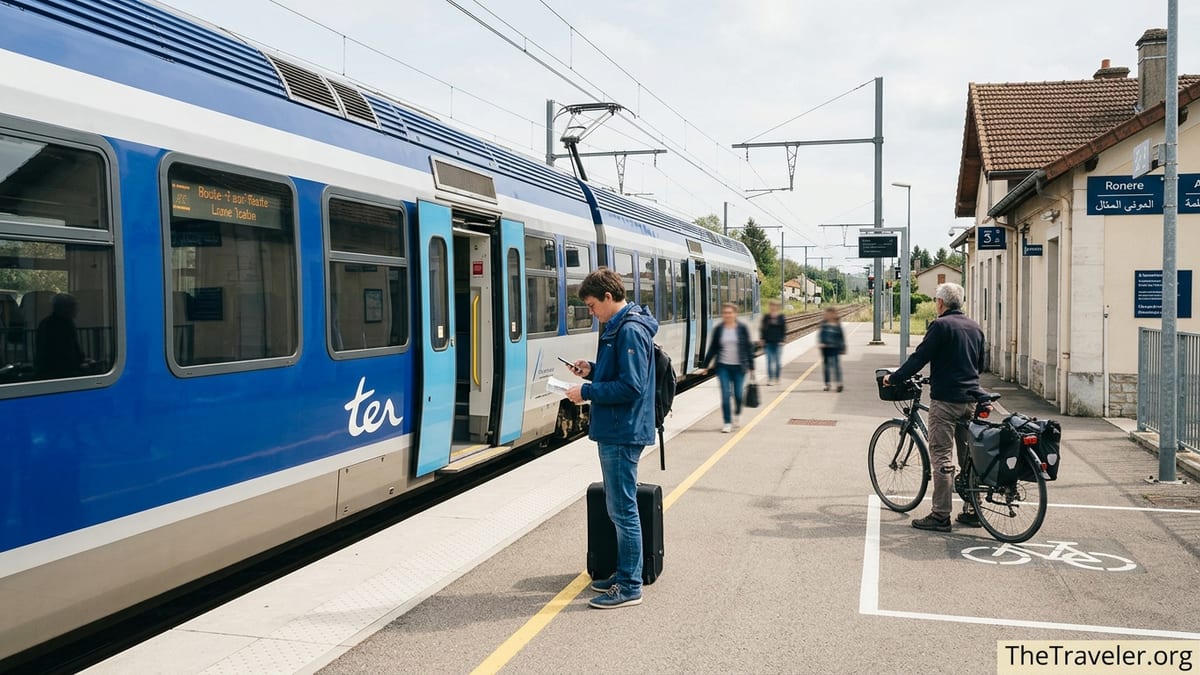 Travelers boarding a French TER regional train at a small station platform.