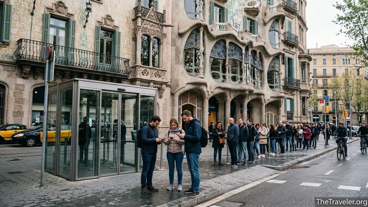 Travelers with mobile tickets bypass a longer queue outside Casa Batlló in Barcelona