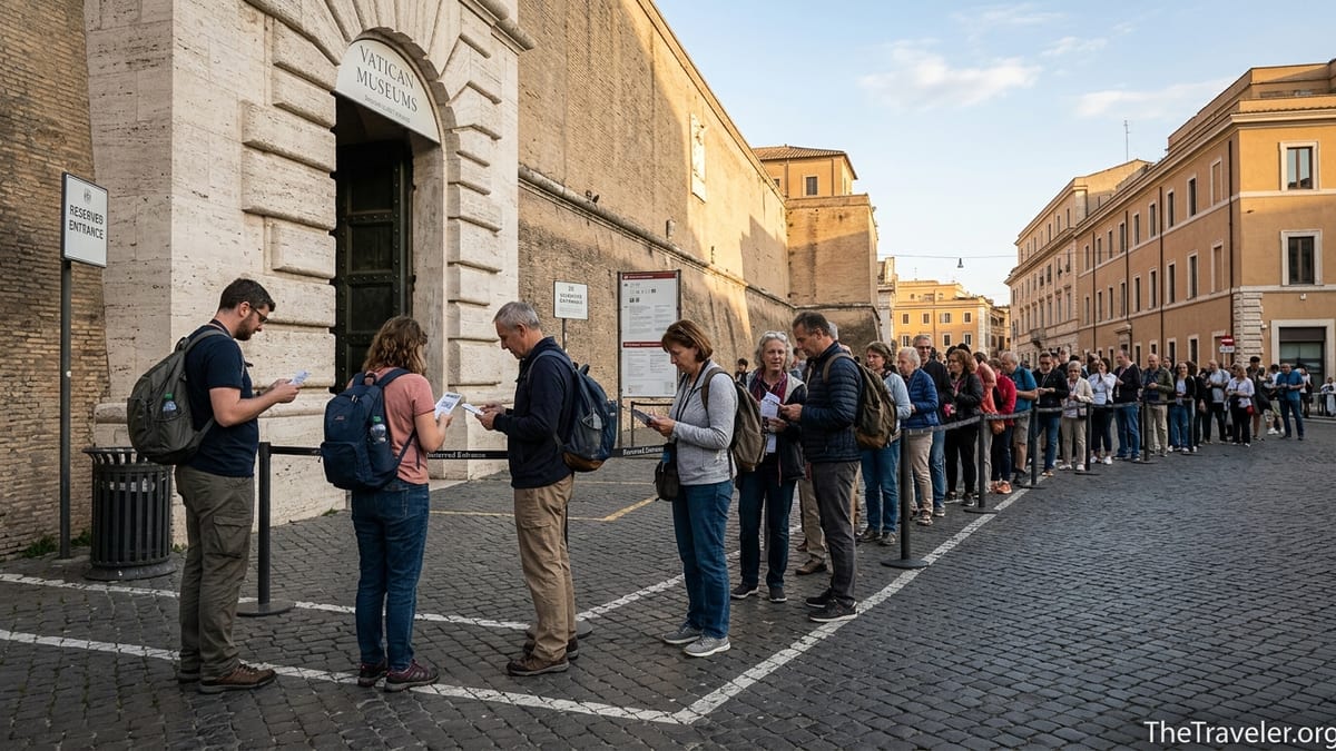 Travelers waiting in the reserved entrance line outside the Vatican Museums at sunrise.
