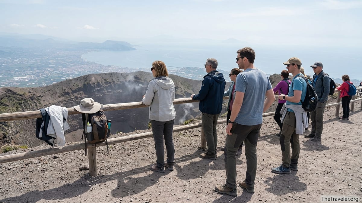 Hikers with daypacks and water bottles on the Mount Vesuvius crater path overlooking Naples and the bay.
