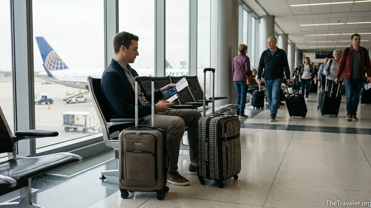 Traveler at airport bench reviewing boarding pass and credit card near United plane.
