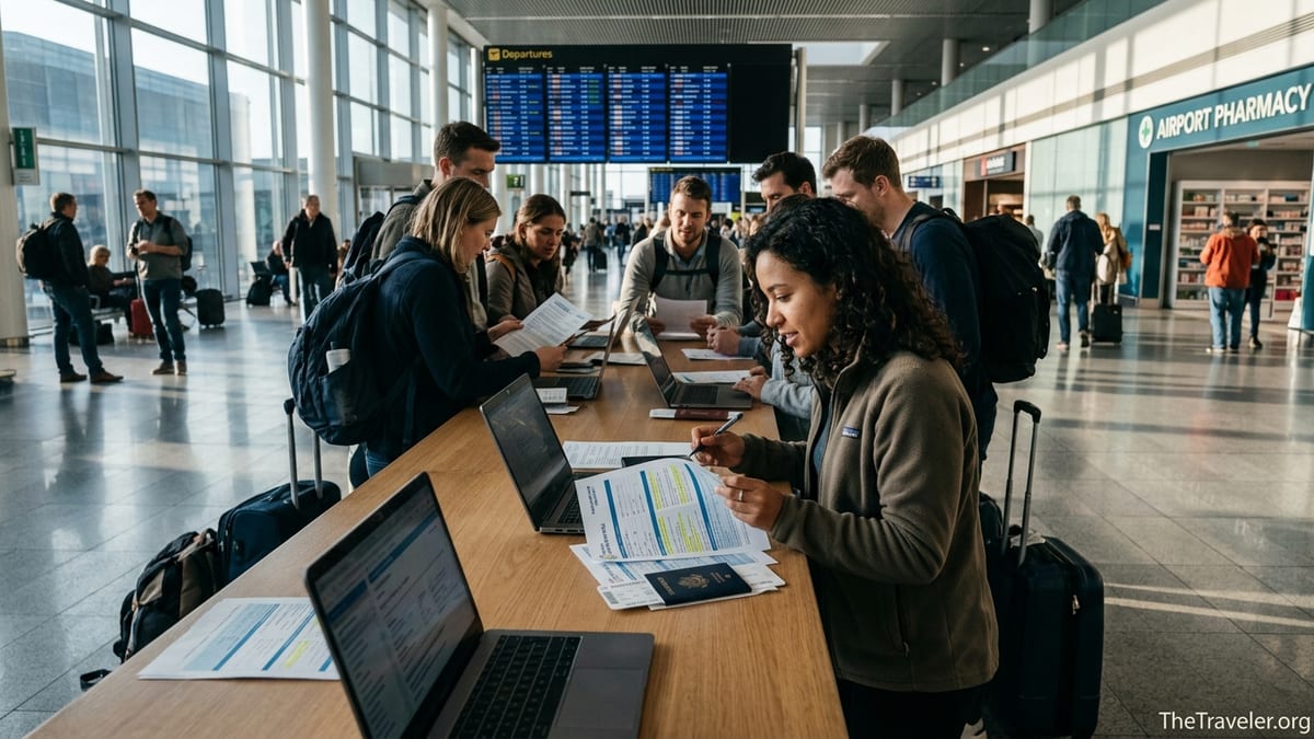 Travelers at an airport table reviewing printed travel insurance documents before a flight.