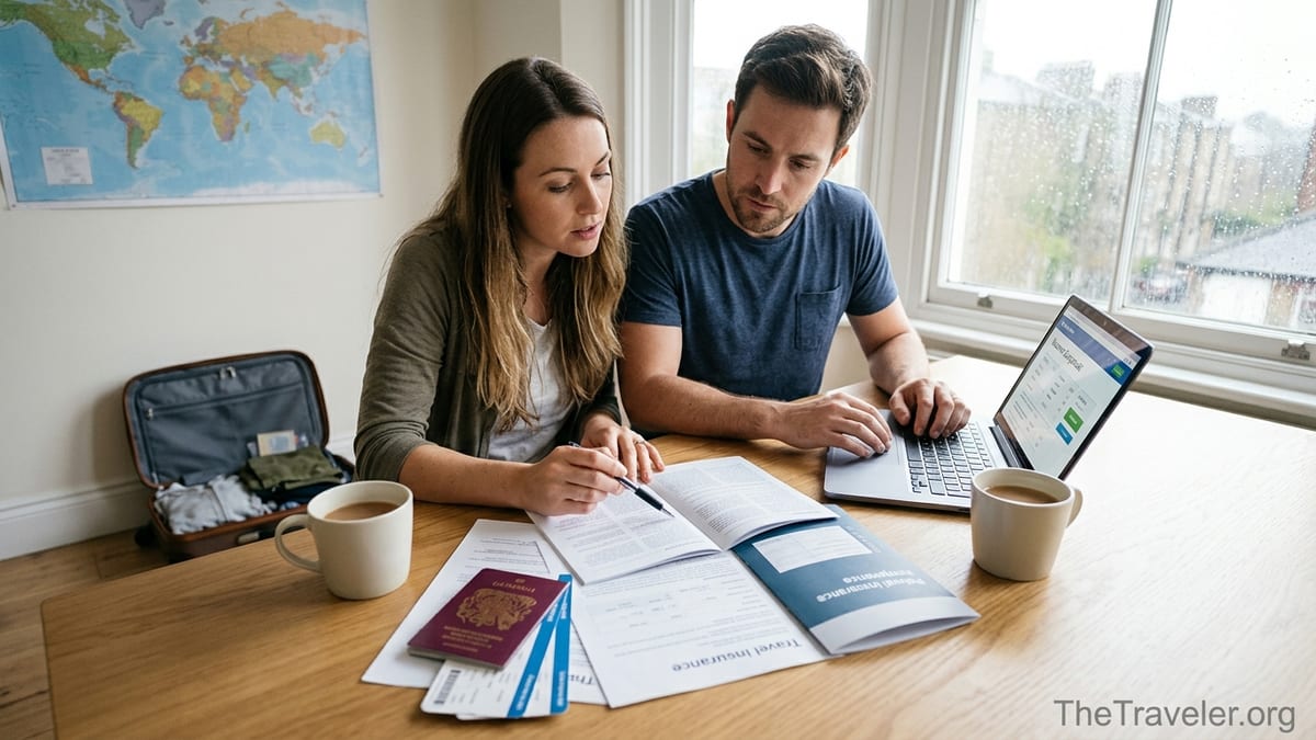 Couple reviewing printed travel insurance documents and passports at a kitchen table before a trip