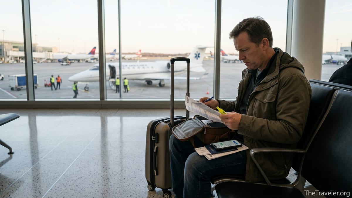 Traveler at airport reviewing Medjet travel insurance papers with air ambulance jet outside window.