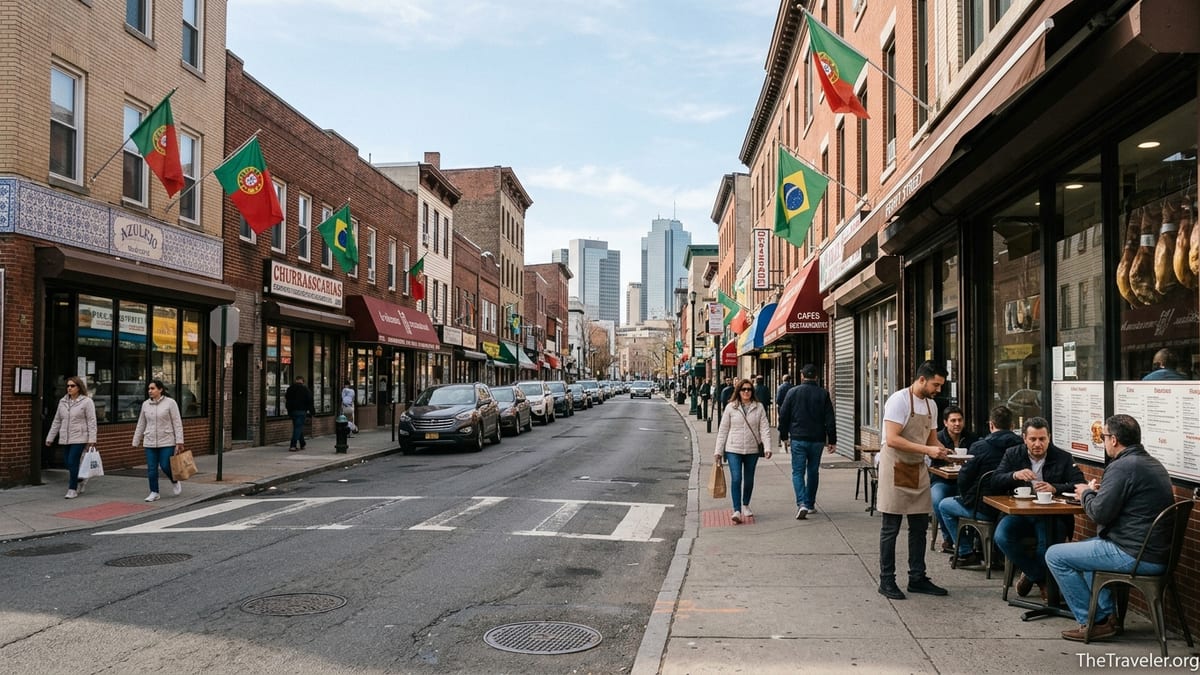 Busy daytime street scene in Newark’s Ironbound district with people walking past Iberian restaurants.