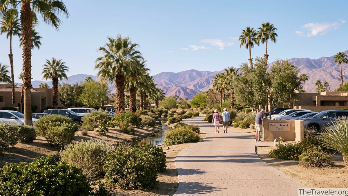 Pathway near Marriott Desert Springs Villas leading toward desert mountains in Palm Desert
