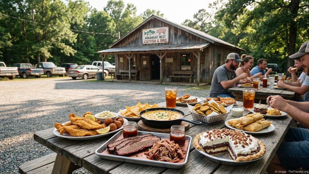 Arkansas roadside table filled with fried catfish, barbecue, cheese dip, Delta tamales and possum pie.