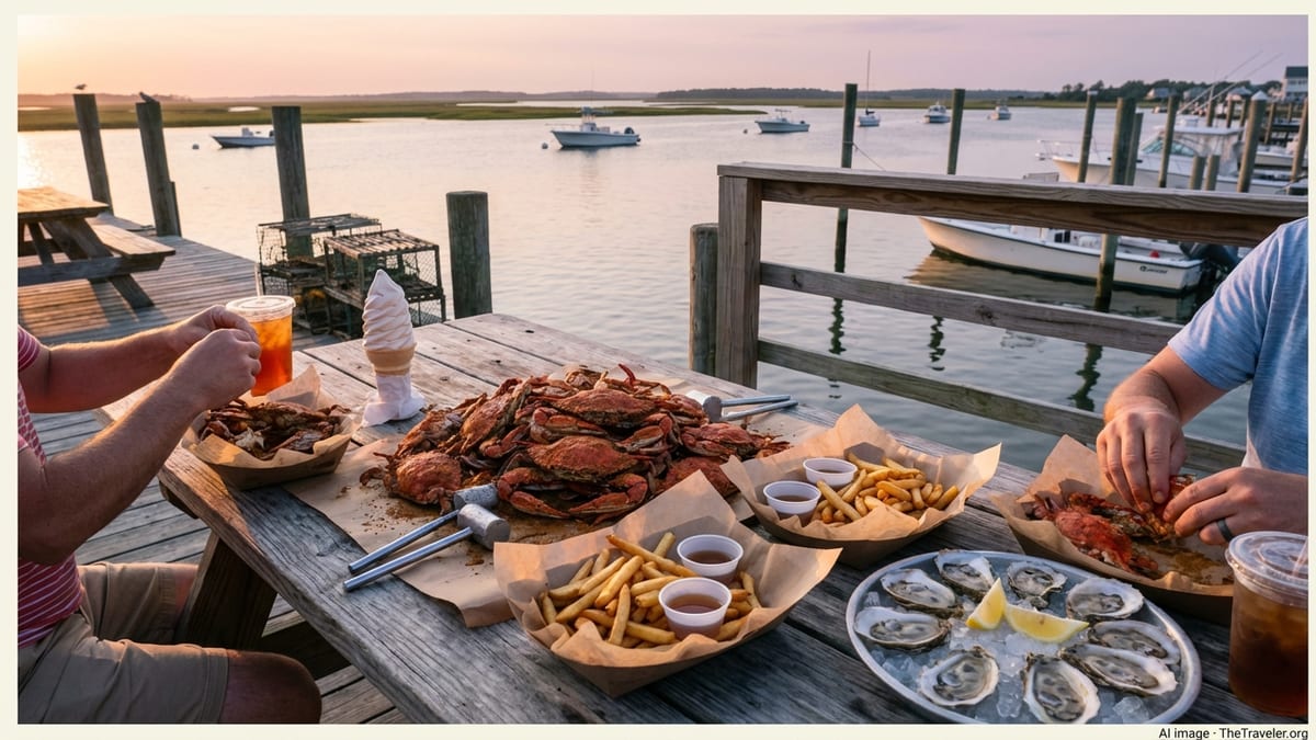 Outdoor table in Delaware piled with steamed blue crabs, boardwalk fries and oysters beside a calm bay at sunset.