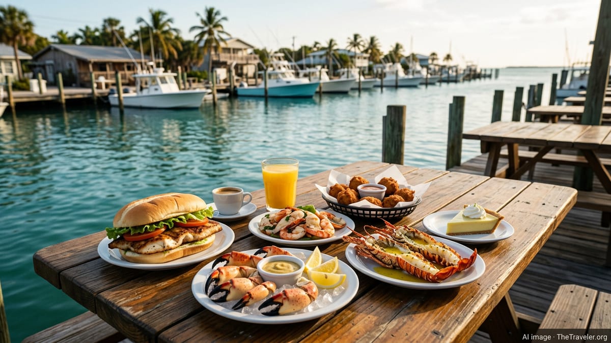 Florida waterfront table with grouper sandwich, stone crab, spiny lobster, conch fritters and Key lime pie at sunset.