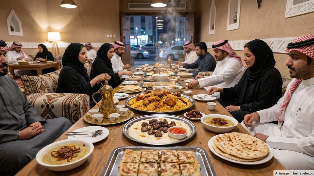 Shared Saudi meal with kabsa, saleeg, mutabbaq, bread, dates, and coffee on a low table in a traditional Riyadh restaurant.