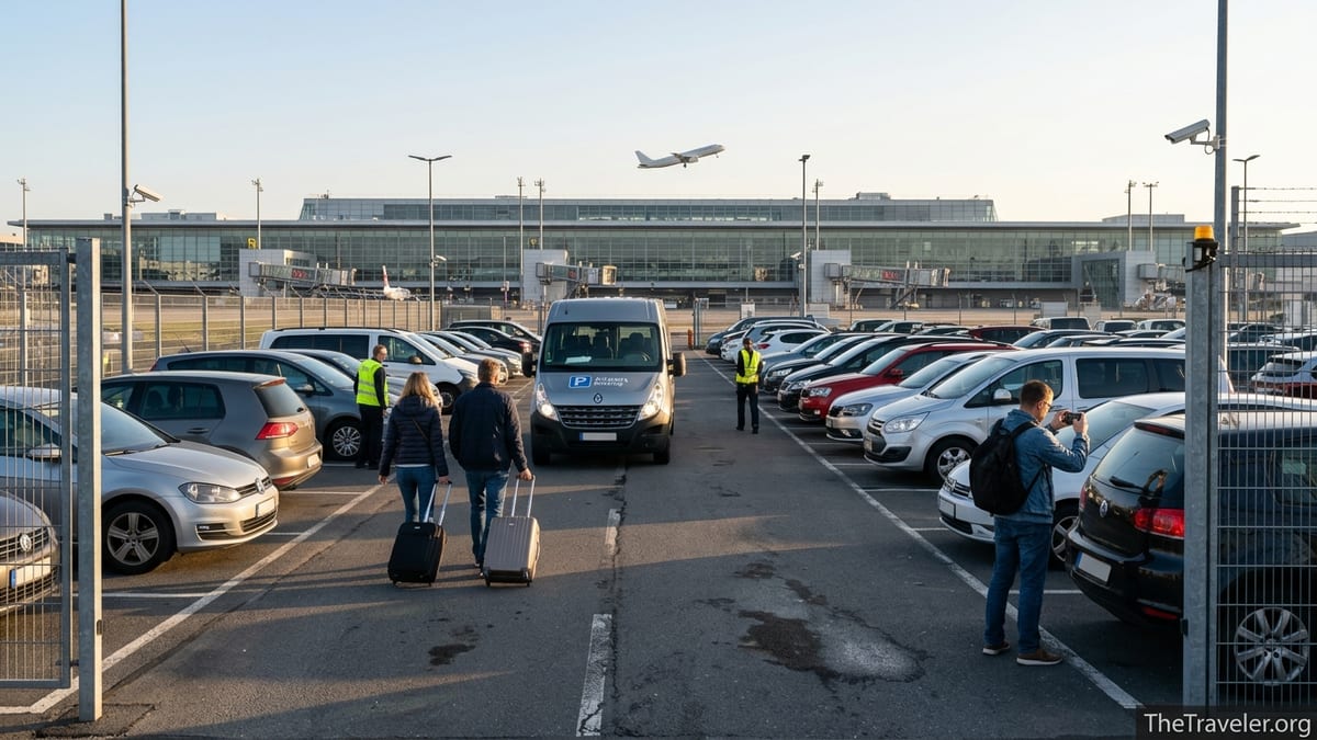 Travelers walking from an off-airport parking lot toward a shuttle near a European airport at sunrise.