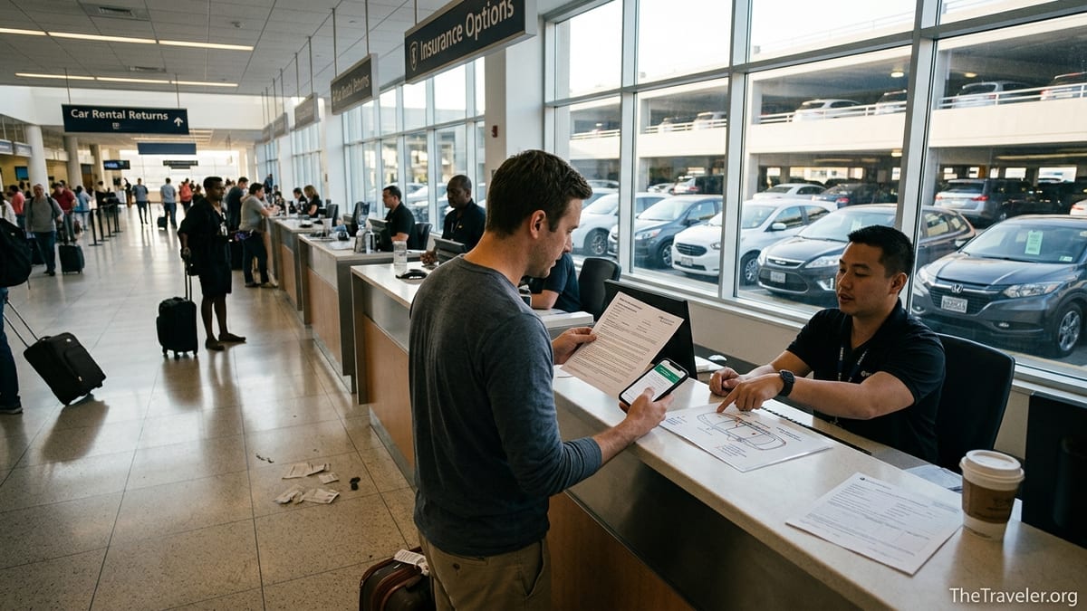 Traveler discussing rental car insurance options at an airport rental counter with cars visible outside.