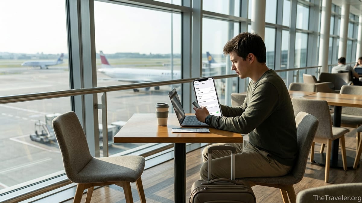 Traveler in an airport lounge setting up an eSIM on their smartphone before a flight.