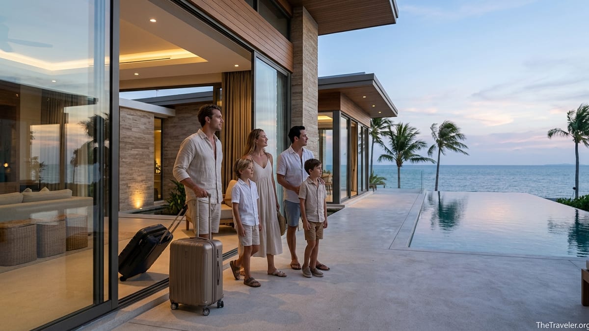 Family arriving at a modern oceanfront luxury villa at dusk with luggage.