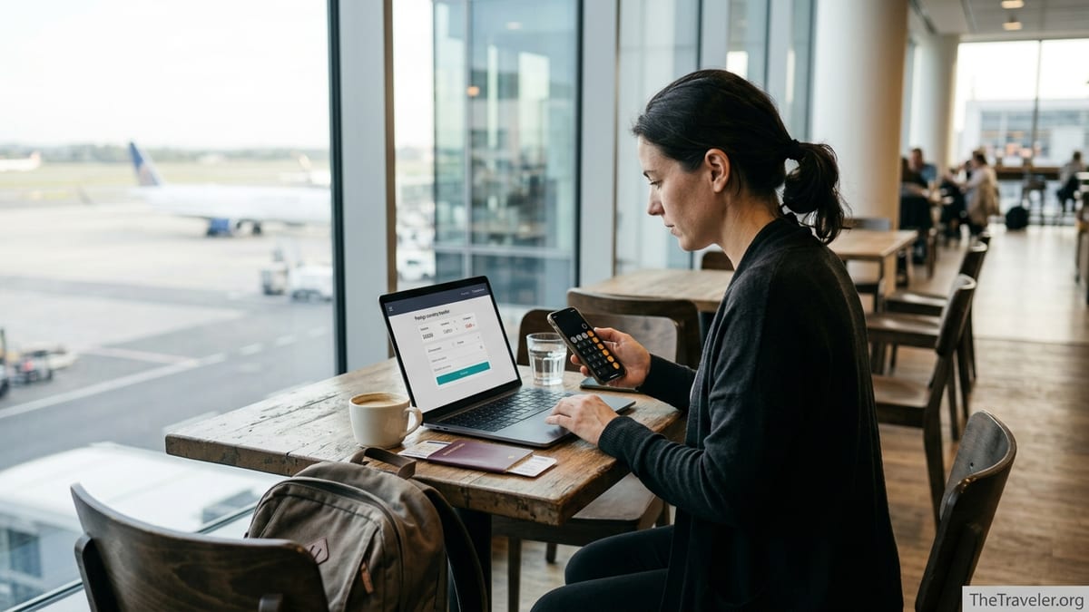 Traveler reviewing an online money transfer on a laptop in an airport cafe.