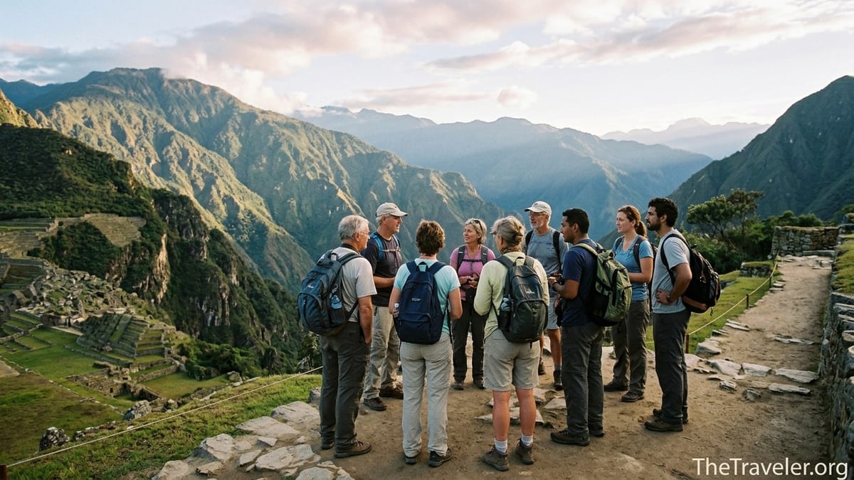 Small tour group overlooking misty Andean mountains from a stone trail at sunset.