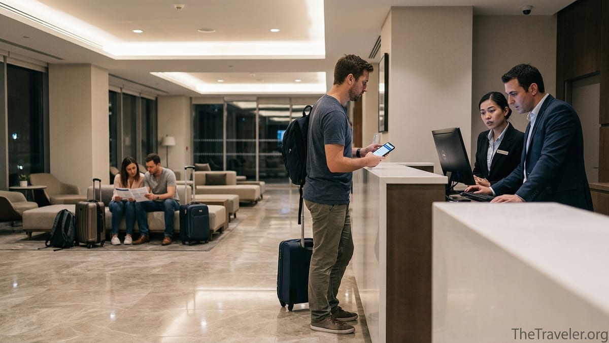 Traveler at a hotel front desk checking a Booking.com reservation on their phone.