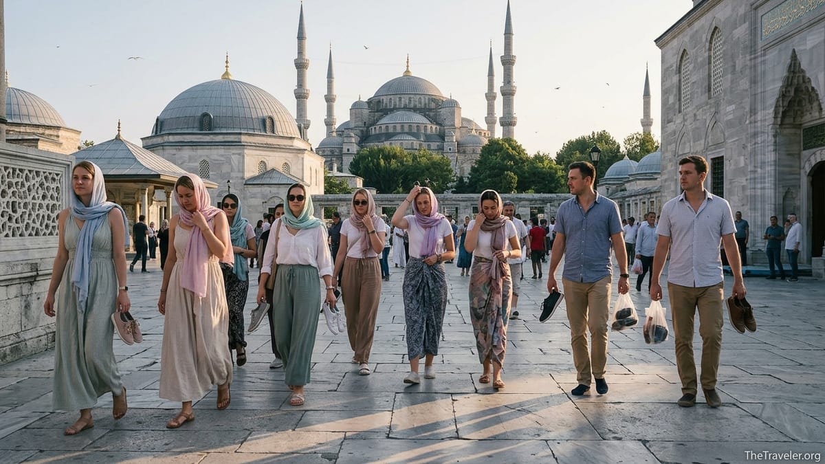 Visitors in modest clothing approach the Blue Mosque courtyard entrance in Istanbul at golden hour.