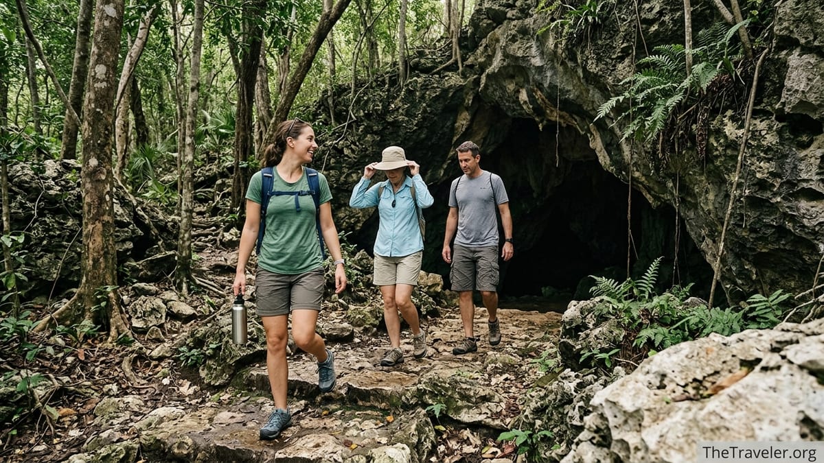Travelers in light hiking clothes and closed shoes walking toward Grand Cayman Crystal Caves entrance on a shaded rocky trail