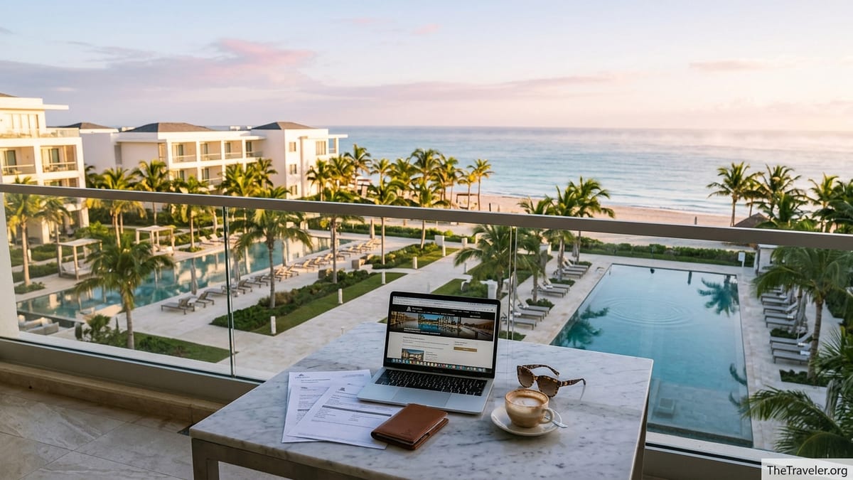Balcony view over a luxury St. Regis resort pool and beach at sunrise with travel documents on a table.