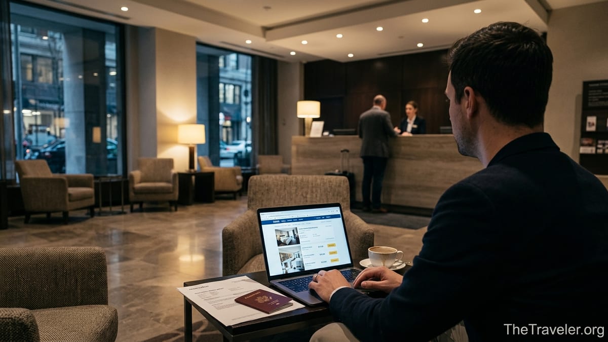 Traveler in a hotel lobby checking a confusing online booking on a laptop.