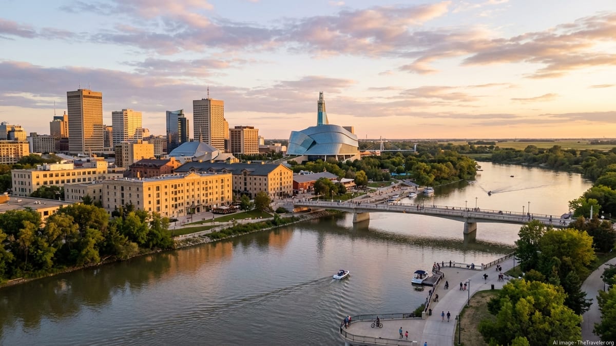 Summer evening view of Winnipeg’s downtown and The Forks across the Red River.