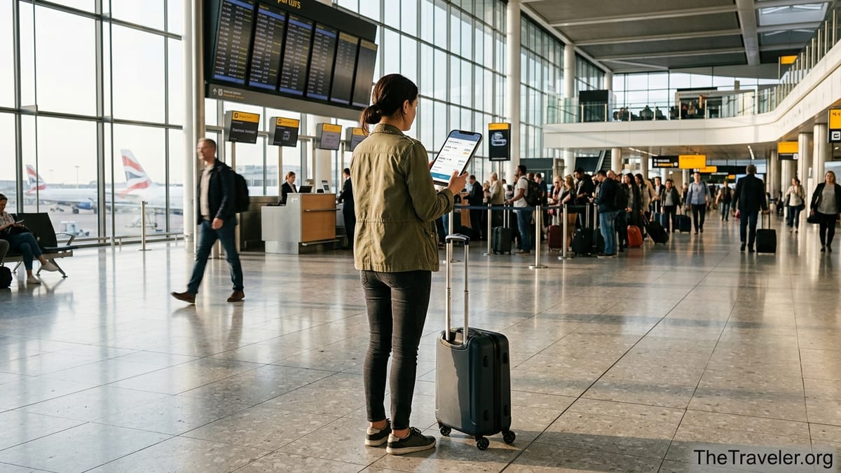 Traveler in a bright airport terminal checking flight prices on a phone before booking online.