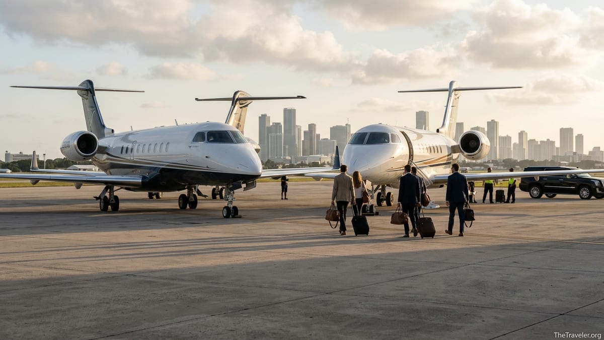 Luxury travelers walk toward private jets on a sunlit airport tarmac.