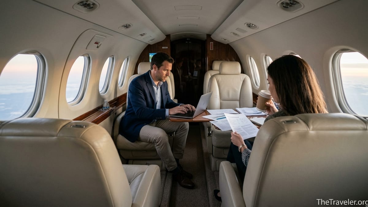 Business travelers working inside a private King Air cabin during an early morning flight.