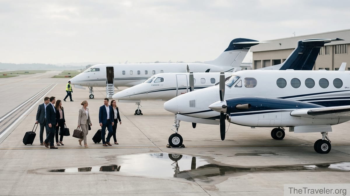 Row of Wheels Up private aircraft on a ramp, including a King Air, Phenom 300, and Challenger 300, at a private terminal.