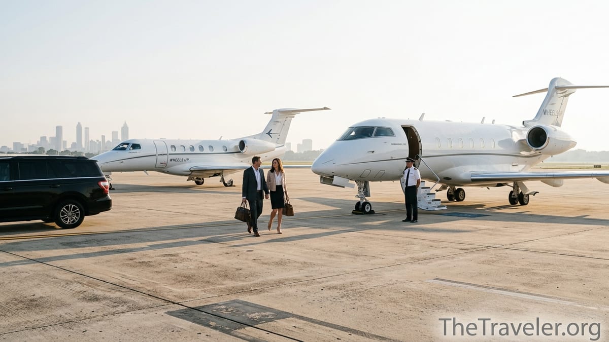 Travelers walking toward private jets at sunrise on a quiet tarmac.