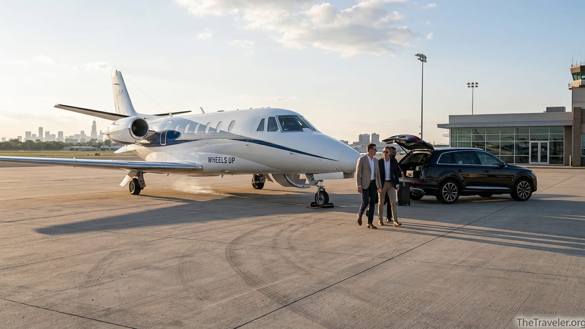 Travelers boarding a private jet at sunset on a quiet airport tarmac.